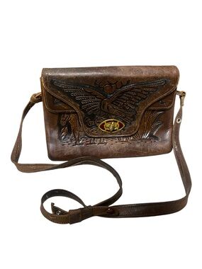 Vintage Mexican Tooled Leather Eagle Aztec Calendar Crossbody Bag Purse